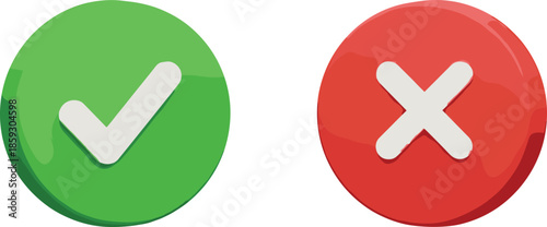 Green check mark and red cross icons set representing correct and incorrect choices, approval and rejection symbols in flat design