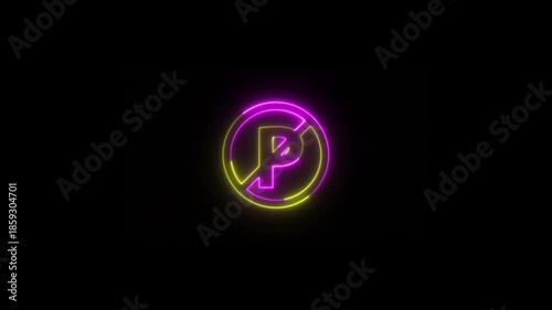 Neon No Parking Animation, Neon glowing no parking sign in round shape animation on black background.