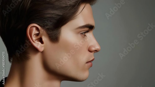 Young man profile portrait side view with soft lighting neutral background calm expression smooth
