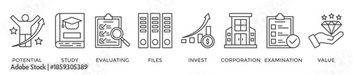 Due diligence banner web icon vector illustration concept with icon of potential, study, evaluating, files, invest, corporation, examination and value