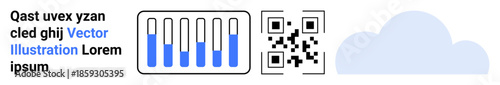 QR code, bar graph with highlighted data, cloud silhouette, and placeholder text. Ideal for technology, analytics, cloud computing, data sharing, digital marketing coding interface simple landing