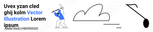 Mining, construction, labor force, weather, tools, abstract design. Worker with a pickaxe, a stylized cloud and minimalistic shapes. Mining and construction concept with clean visuals