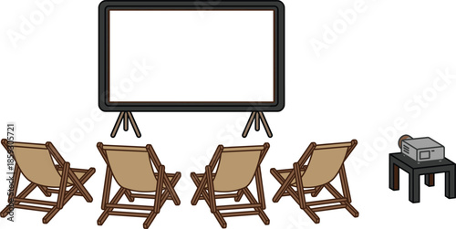 Outdoor cinema illustration with projector screen deck chairs and home theater setup for backyard movie night entertainment flat vector
