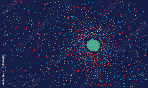 Abstract complex network visualization with connected nodes representing big data analysis and artificial intelligence structure. Digital science technology vector of distributed system clusters.