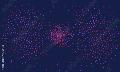 Abstract particle explosion vector background illustrating big data visualization with scattered purple red dots. Futuristic science technology concept with dynamic chaotic clusters bg.