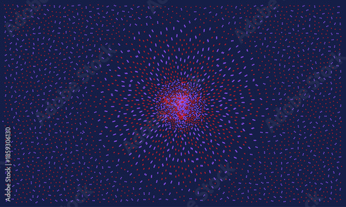 Abstract vector background with radial explosion of red and purple dots on dark blue. Futuristic technology pattern with scattered particles for digital web design and creative cover art textures.