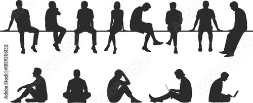 Silhouettes of diverse people sitting in contemplative poses, casual and relaxed postures, technology use, multicultural lifestyle illustration