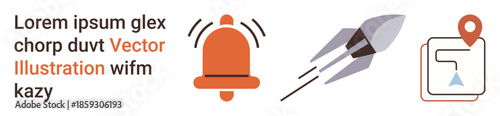 Technology innovation, business development, communication tools, alerts, navigation systems, digital advancement. Icons include a bell, rocket and map pin. Technology innovation and business