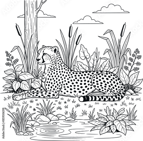 Wild leopard roaming free in tropical jungle habitat with lush vegetation and mountainous terrain animals