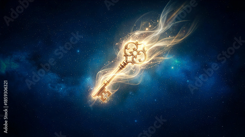 Glowing golden skeleton key floating in deep blue space with starry galaxy background, magical swirling energy light trails unlocking secrets, success and opportunity concept.