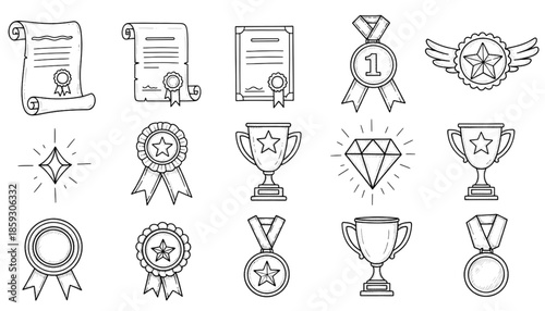 medal honor award related doodle hand drawn icon set. Outline drawing winner line clipart symbol collection
