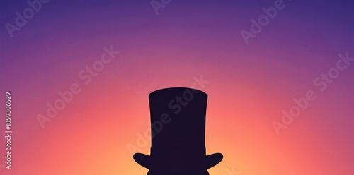 Silhouette of classic top hat against vibrant purple and orange sunset gradient background, minimalist design for magic, mystery and formal entertainment concepts
