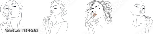 A one-line drawing style modern illustration portrays a beautiful woman applying lipstick to her lips