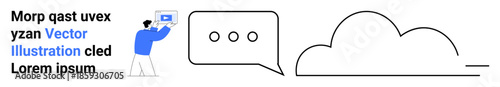 Minimalist user interacting with a laptop, speech bubble, and cloud graphic. Ideal for technology, communication, networking, cloud solutions, data storage, collaboration simple landing page
