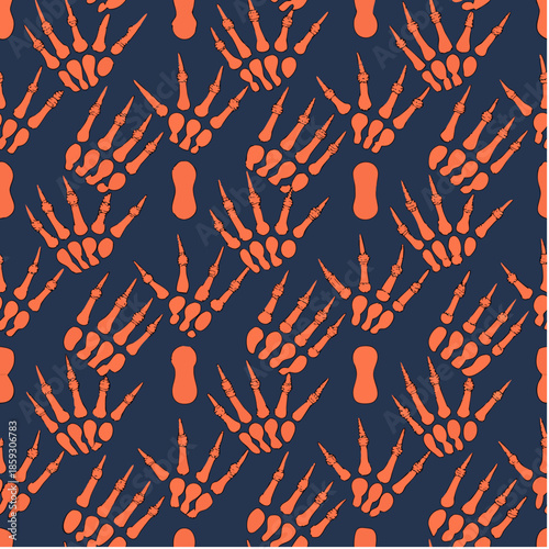 Spooky repetitive pattern of skeleton hands in orange on a dark blue background