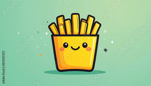 Cute Cartoon French Fries with Smiling Face in Yellow Container.