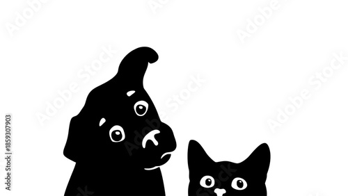 Minimalist black silhouette of a curious dog and cat looking up, pet adoption and animal care concept