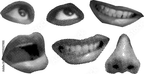 retro halftone effect collage of eye mouth and nose isolated background element set