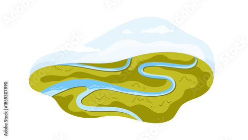 Illustration of a winding blue river flowing through a lush green landscape with hills and bushes, aerial view