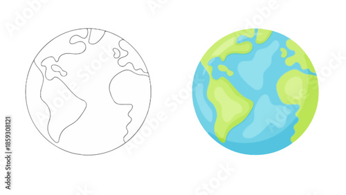Set of Earth Globe Icons in Minimalist Line Art and Colored Vector Illustration for Geography and Ecology