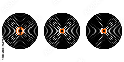 Set of vinyl records. LP or long play music plates for gramophone isolated on white background. DJ discs for techno party. 70s 80s 90s discotheque nostalgia concept. Vector flat illustration.