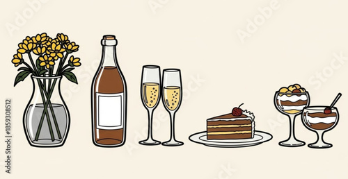 and drink set in doodle scribble handdrawn style. Egg, grapes, breakfast pancakes, flower vase, coffee cup, wine bottle, wineglass, snacks, sketch drawings. Hand-drawn vector
