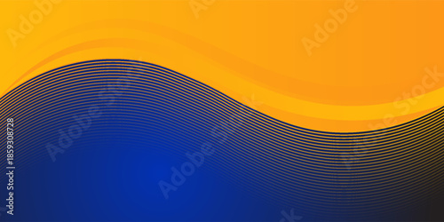 Abstract blue and yellow wave wide background banner curve element with line blue pettern space for text and message design, overlapping layers.