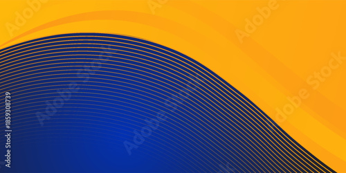 Abstract blue and yellow wave wide background banner curve element with line blue pettern space for text and message design, overlapping layers.