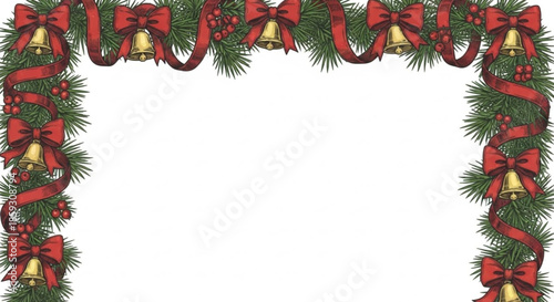 Horizontal Christmas garland with pine cones, fir branches, holly berries, glowing lights, and ribbons. Perfect for holiday banners, cards, and party posters. Transparent background in vector file.