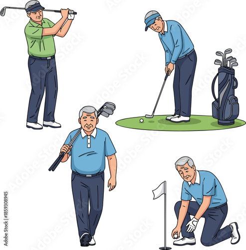 Create a kinds of deferent realistic Grey-haired older man playing golf vector art with white background..