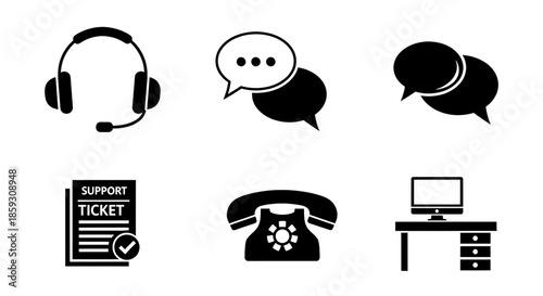 Black customer support and helpdesk icon set featuring a call center agent with a headset, chat bubbles, telephone, event ticket, and a question mark symbol for assistance