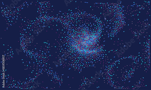 Dynamic vector digital swarm background with colorful particles. Data visualization of blue, pink, beige dots on dark indigo backdrop, evoking artificial intelligence, neural networks, and futuristic