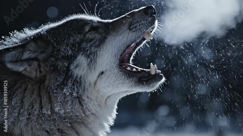 Ultra slow motion extreme close-up of a large gray wolf's muzzle and breath condensation rising dramatically as it releases a powerful midnight howl dramatic, extreme close-up, wilderness
