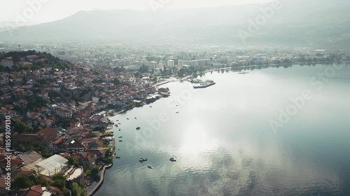 Sunny morning over Ohrid City and its massive lake, nature of North Macedonia 4k
