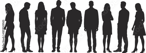 Silhouettes of nine diverse people standing side by side in formal business attire, symbolizing teamwork, workplace diversity and professional unity