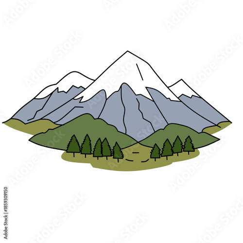 Vector illustration of a snowy Mountain landscape in Japan featuring a peaceful lake and volcano peak under a clear sky during winter