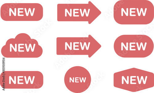 Set of red 'new' labels in various rounded shapes