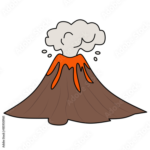 Vector illustration of a bride in an elegant wedding gown standing atop a stylized volcano amidst clouds, featuring a fashion silhouette with floral design art