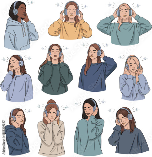 Create a kinds of deferent realistic Woman with headphones in relaxed outfit sitting on the floor and listening to music vector art with white background..