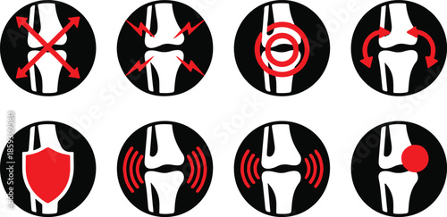 Joint pain knee problems icon set illustration black and red isolated vector