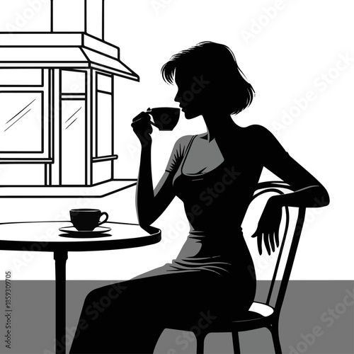Create a realistic Backlit woman with short hair and wearing a bodycon dress sitting in a street café alone and drinking coffee vector art with white background.