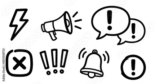 Doodle attention sign icon set. Hand drawn caution signs, warning marks and alert sketch symbols designed to exclamation sign, error or important attention icon doodle. Vector illustration