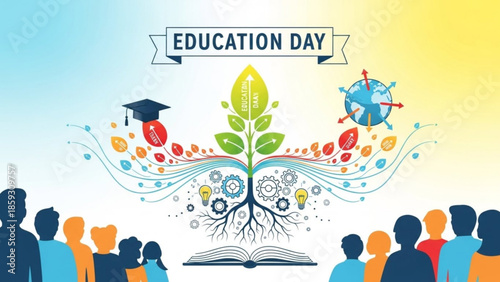 Celebrating Education Day with Diverse Learners and Growth Symbols in a Vibrant Illustration