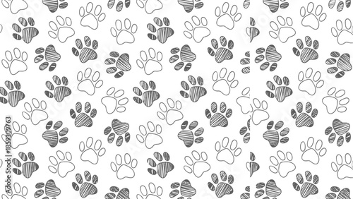 Seamless Pattern of Hand-Drawn Animal Paw Prints in Black and White Sketch Style