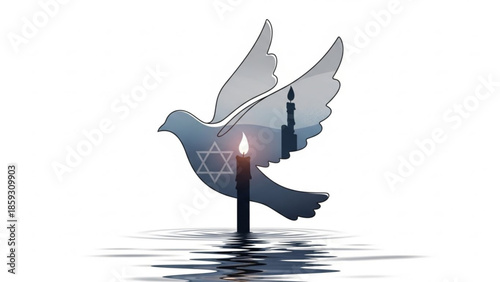 A dove in flight above a candle flame reflected in rippling water