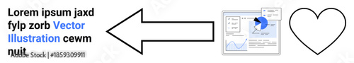 Data analytics, communication, workflow processes, design concepts, business strategy, connection. An arrow links a data report to a heart icon. Data analytics and communication visuals