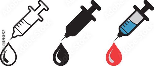 Syringe with drop medical icon for injection and vaccination outline and filled styles