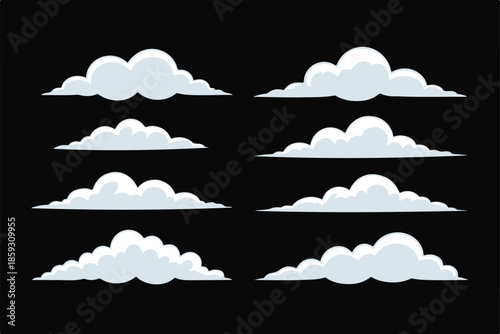 Set of simple cartoon cloud shapes isolated on black background