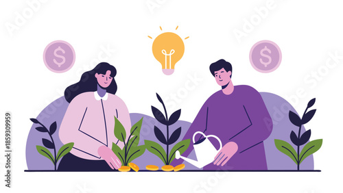Woman and man planting coins like seeds in a garden with lightbulb and dollar signs