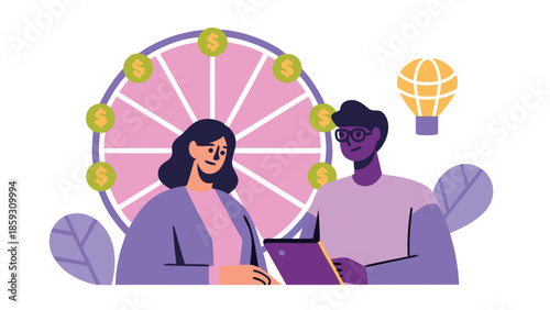 Woman spinning giant wheel made of coins with man, business concept, finance, investment, partnership, teamwork, purple and pink colors, yellow